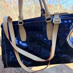 Arcadia Navy Patent Satchel with Tan Trim